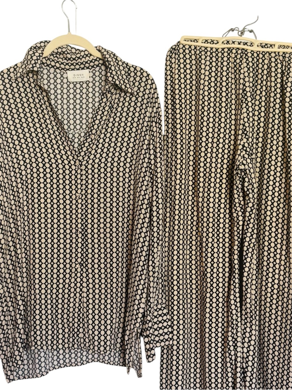 Dishh Two-Piece Geometric Print Shirt & Pants Set in Black and Cream